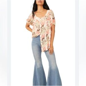 Free People Floral Button Down Puff Sleeve Viscose Boho Tunic XS NWT